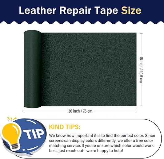 Zenyao Leather Repair Patch Tape - Self Adhesive Leather Repair Kit for Car Seat Furniture, Heavy Duty Vinyl Repair Patch for Couch Sofa, Waterproof Fix for Tears, 16x30 Inch Roll, Dark Green