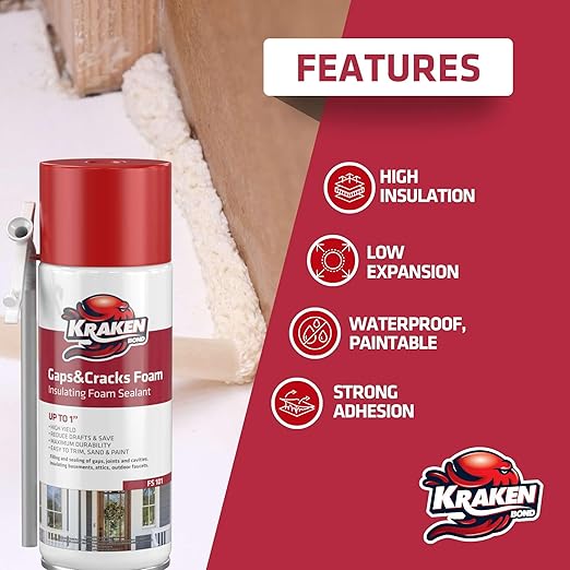 Kraken Bond Gaps & Cracks Expanding Foam Sealant - (48x12oz) High Expansion Polyurethane Spray Foam for Window & Door, Straw Use Waterproof High Yield Gap Filler - 48 Pack