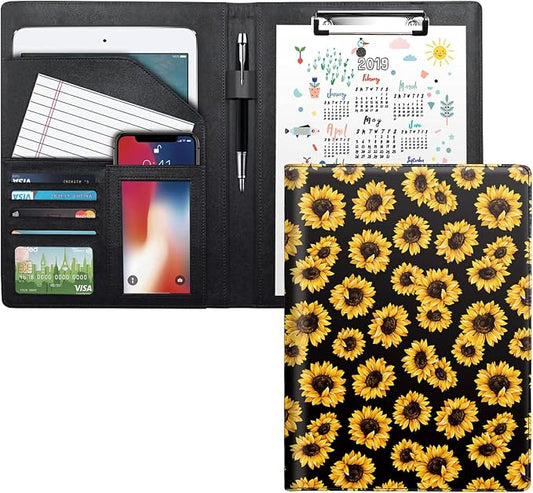 Portfolio Case for Women, Cute Padfolio Cover Folder, Conference/Resume/Legal Document Organizer with Letter/A4 Size Clipboard Hardboard, Business Card Holders, Document Sleeve, Sunflower