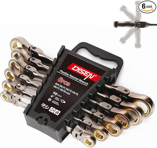 DISEN 6PCS 90 Teeth Ratcheting Wrench Set Double Box End Flex Head with Gray Nickel Coated Ratchet Wrench Set with Organizer, 12 Point 4° Swing Arc, CR-V Steel, for Home Daily Use, Gift for Man
