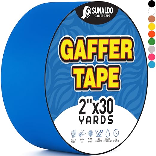Gaffers Tape Heavy Duty, Easy to Rip, Residue-Free Professional Grade Floor Tape for Electrical Cords, Matte Finish Non Reflective, Weather Resistant (1, Blue, 2" x 30 Yards)