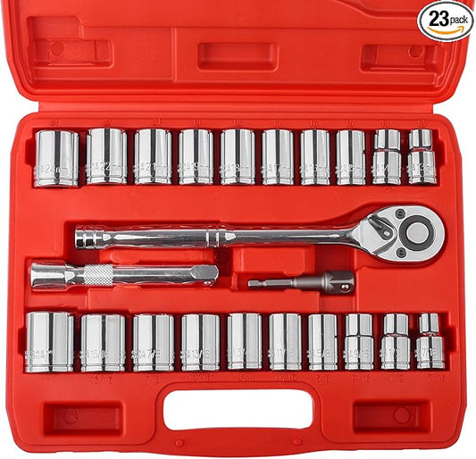 Egofine 1/2" Drive Socket Set, 23 Piece Standard SAE (7/16 to 1 inch) and Metric (13-19, 21, 22, 24mm) 6 Point, with Quick Release Ratchet, Extension Bars, Drive Drill Adapter