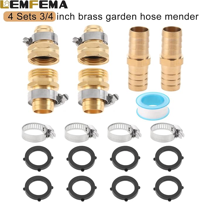 4 Sets 3/4 Inch Garden Hose Connector Solid Brass Repair Kit, Water Hose Mender Female and Male Water Hose Connector with Tape, Stainless Steel Clamp and Rubber Gasket