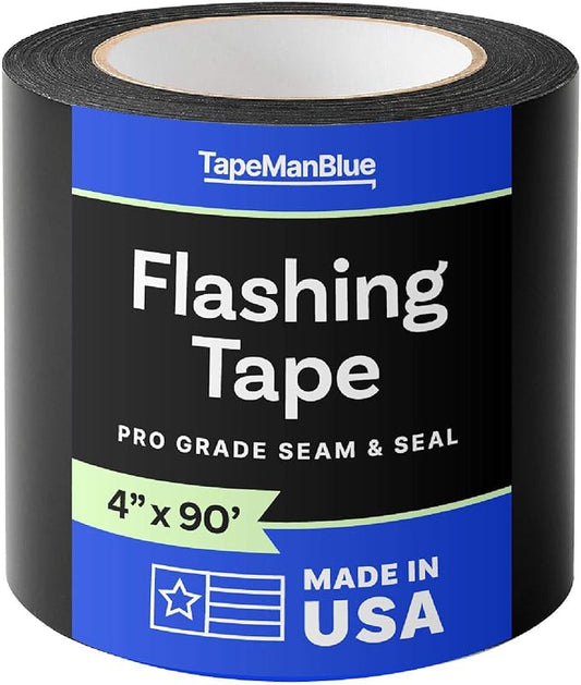 Flashing Tape for Windows and Doors, 4 in x 90 ft Roll, Made in USA, Black Self-Adhesive Flashing Tape Waterproof, UV Resistant, Acrylic Adhesive, Great for Sealing Doors, Windows, Panel Seams (1)