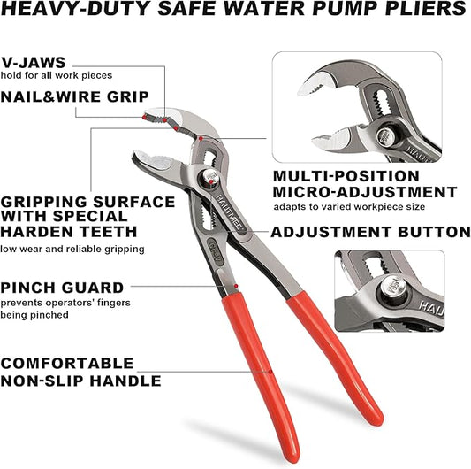 HAUTMEC 3 PCS Water Pump Pliers Set, Fast Adjustable Tongue and Groove Joint Pliers Tool Set,V-Jaw with Comfort Grips, 7 10 12Inch Plier Rust-Proof CRV Steel Construction for Plumbing HT0370-PL