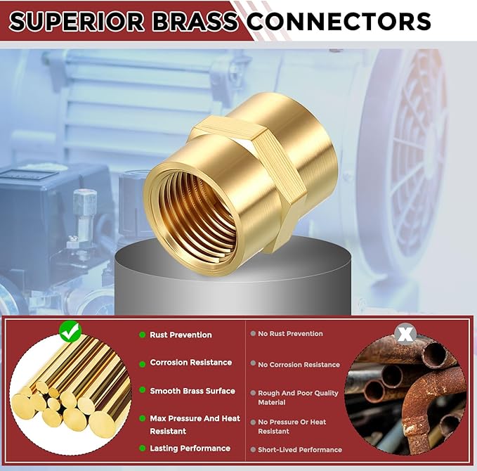 Pack of 2, 3/8" NPT FeMale to 3/8" NPT FeMale Solid Brass Pipe Fitting Coupler, Brass Coupling Hose Fittings Adapter for Pipe Leak Repair, Bathroom Remodeling, Tool Extensions