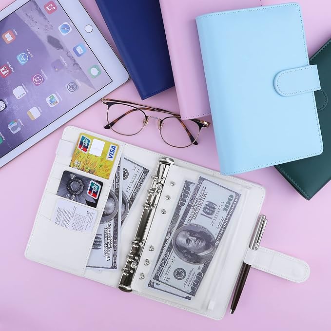 Antner A6 Binder 6 Ring Refillable Notebook Budget Planner for A6 Filler Paper, PU Leather Loose Leaf Personal Planner Wallet Money Organizer Cash Stuffing Binder with Magnetic Buckle Closure, White
