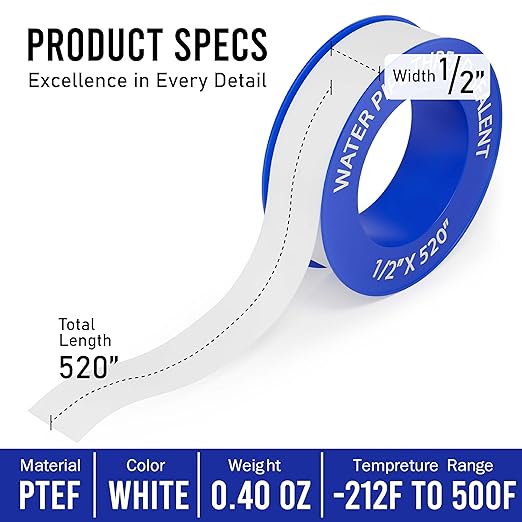 D-NYX 1, 4 or 5 Rolls 1/2 Inch(W) X 520 Inches(L) Teflon Plumbers Tape, Duct Sealant Tape for Shower Head, Plumbing Thread Tap, Water Pipe Sealing Plumbers PTFE Thread Seal (1 Pack)