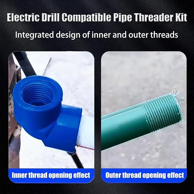 2PCS Integrated Internal & External Pipe Threading Tool, Dual-Function PVC Pipe Thread Cutting Tool with 1/2'' & 3/4'' Dies, Electric Drill Compatible Pipe Threader Kit for Home Repairs