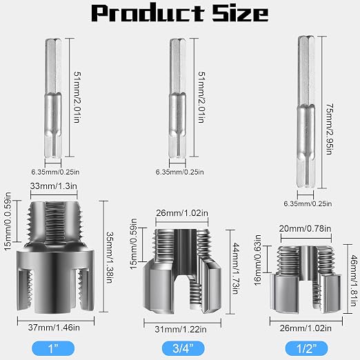 3 Pcs Pipe Thread Cutting Tool Integrated Internal & External Pipe Threading Tool Electric Drill Compatible PVC Tube Threader Kit, 1/2", 3/4", 1'' Tube Sizes Rethreading Kit(3 Sizes, Silver)