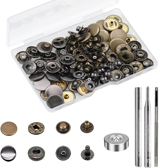 BetterJonny 24 Sets Heavy Duty Leather Snap Fasteners Kit, 15mm Metal Snap Buttons Press Studs Leather Rivets Snaps with 4 Setter Tools for Clothes Bracelet Jackets Jeans, 2 Color