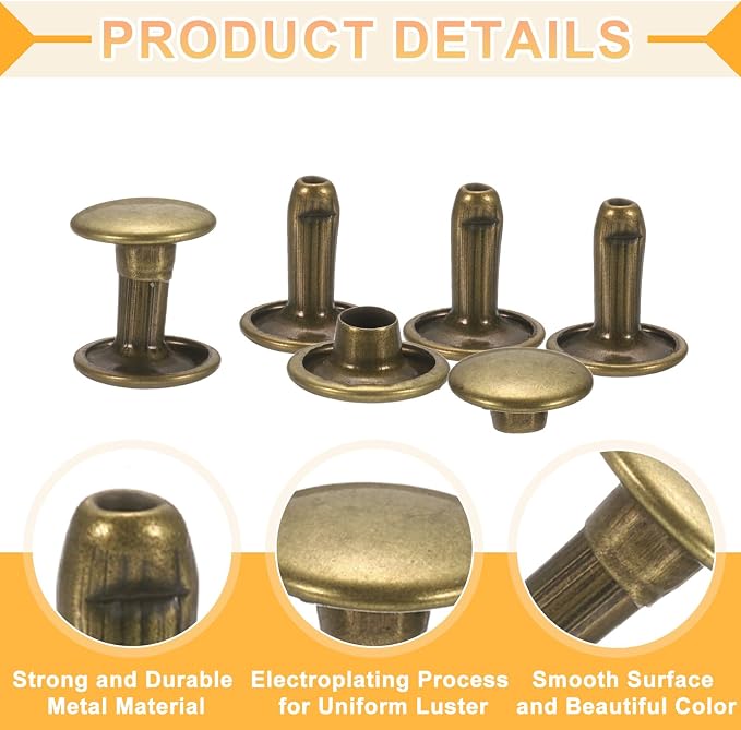 uxcell 120Set Leather Rivets, 10mm Double Cap Rivet Tubular Metal Studs Repairs Decoration Craft Accessories for Repair Decorate Leather Craft Belt Bag Shoes Purse Belts, Bronze