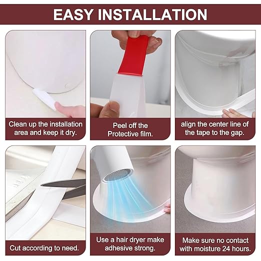 White Caulk Tape 2 Rolls Waterproof Self-Adhesive Tub & Wall Sealing Strip PVC Caulk for Bath & Kitchen Shower Corners, Sink Edges, Toilet Base