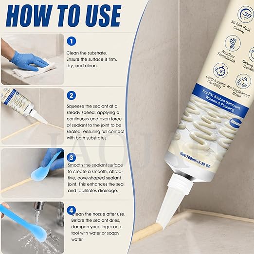 Almond Silicone Caulk, Almond Caulk, 100% Waterproof Sealant for Kitchen & Bathroom, Shrink & Crack Proof Caulking for Tub, Shower, Sink & Window, 30-Min Water Ready, 100ML