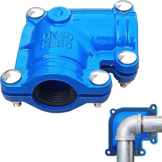 Pipe Elbow Clamp, 1-1/2 Inch (DN40), 90 Degree, Short Radius, PPR/PE/Iron Pipe, Socket Connection, Blue, Iron, 6.28 pounds