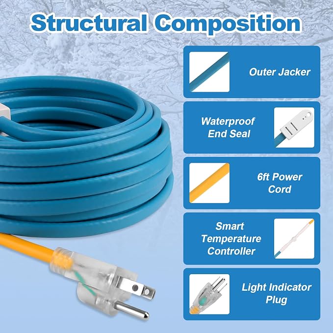 YAMIAOMAO Heat Tape for Water Pipes,24 Ft Blue Self-Regulating Heat Tape,-40°F Deicing Heat Tape,Prevent Water Pipes from Freezing,Heat Tape Water Pipes Suitable For Outdoor Water Tanks Of House