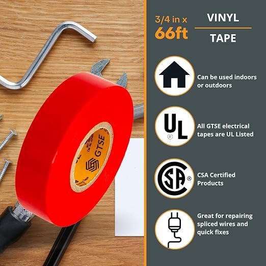 GTSE Red Electrical Tape, 1 Roll – Waterproof, Industrial Grade Vinyl, 3/4 in x 66ft– Strong Self-Adhesive PVC Electric Tape for Wire Insulation, 7 Mil, 600V – UL/CSA Listed