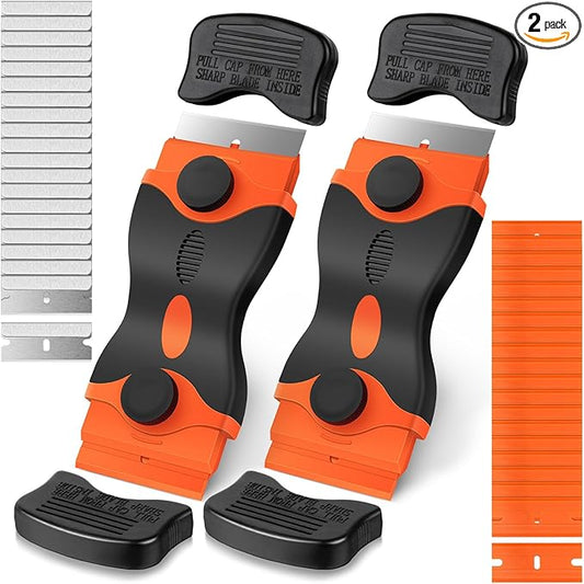 Ainiv 2 Pack Razor Blade Scraper, 2-in-1 Scraper Tool with 20PCS Metal Blades and 20PCS Plastic Blades, Multi-funtional Cleaning Razor Scraper for Stickers, Labels, Caulk, Adhesive, Paint Removal