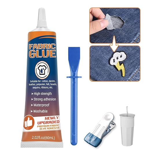 Fabric Glue Permanent, Washable Clothing Glue for All Fabrics, Waterproof Adhesive for Leather, Denim, Cotton, Polyester, Ideal for Patches, Repairs & Crafts (60ml)