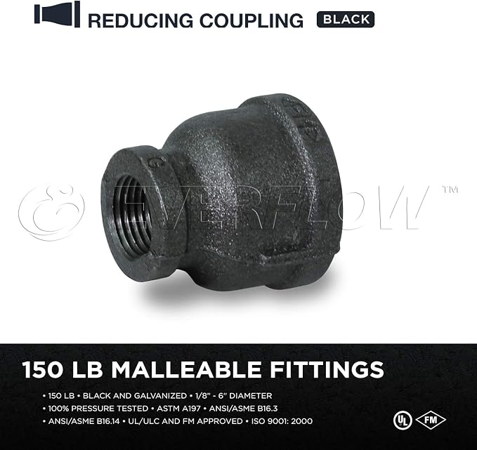 SUPPLY GIANT CNSD1140 1-1/4 X 3/8 Black Malleable Iron Reducing Coupling, 1-1/4 in. x 3/8