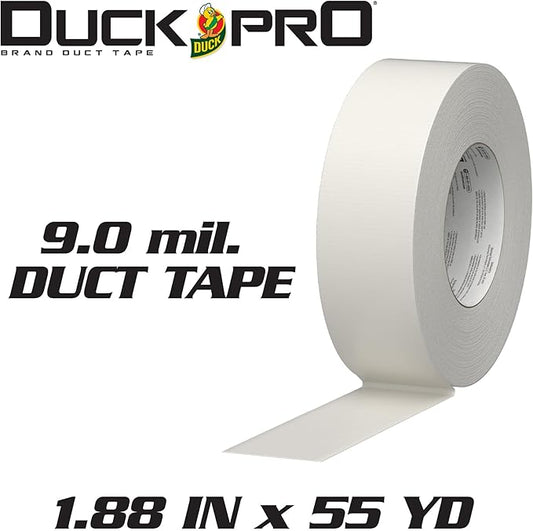 Duck Pro Heavy Duty Duct Tape for Long Lasting Repairs, 2" Wide (1.88 in x 55 Yds) Performance Grade Tape with Waterproof Backing, White, 1 Roll