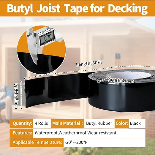 Deck Tape Joist 2 inch, Butyl Joist Tape for Decking 2''×50', Weather-Resistant and Waterproof Sealing Tape for Wood Decks Beams Roof, 4 Rolls(200FT Total)