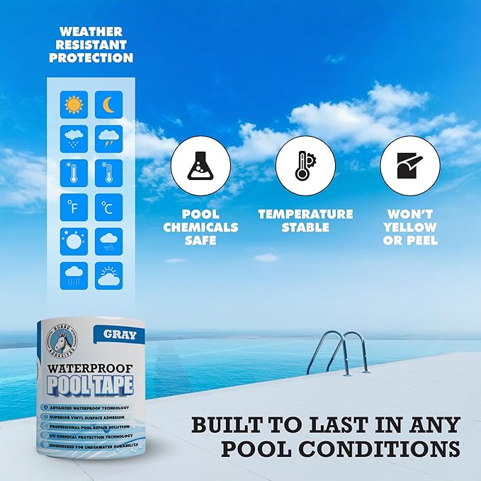 Burro Adhesives Professional Waterproof Gray Pool Tape 4" x 10' – Heavy Duty PVC Vinyl Pool Repair for Underwater & Dry Applications, Matches Gray Shade, Slate & Stone Liners, Instantly Seals Leaks