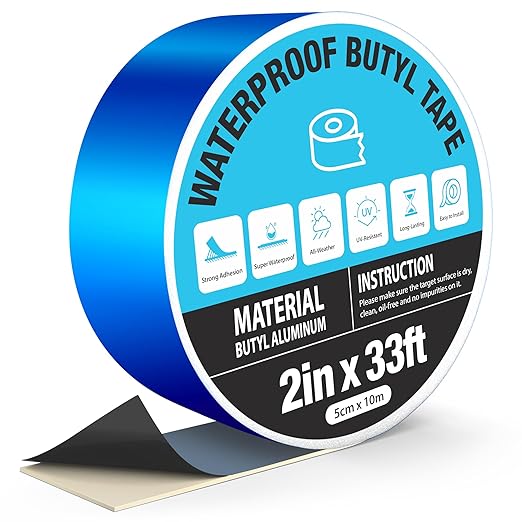 Blue Waterproof Butyl Tape, 2in x 33ft - W x L, All Weather Strong Adhesive Butyl Sealant Tape Metal Roof Repair for Pool Cover, RV Roof, Awning, Windows, Boat, Gutter Patch