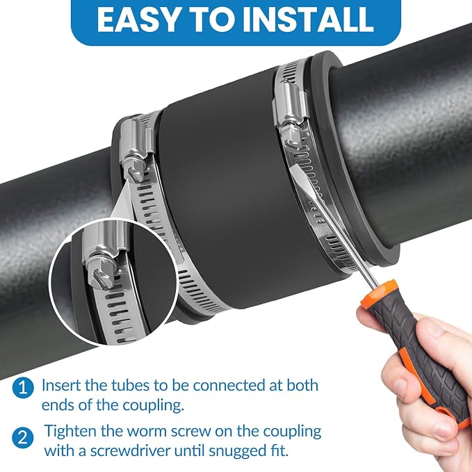 2 Pcs 2 IN Flexible PVC Pipe Coupling with Stainless Steel Clamps Fit 2 IN Nominal Pipes, Couplers for Plastic and Copper Pipe Plumbing Connections, Drain Repair, Dust Hose