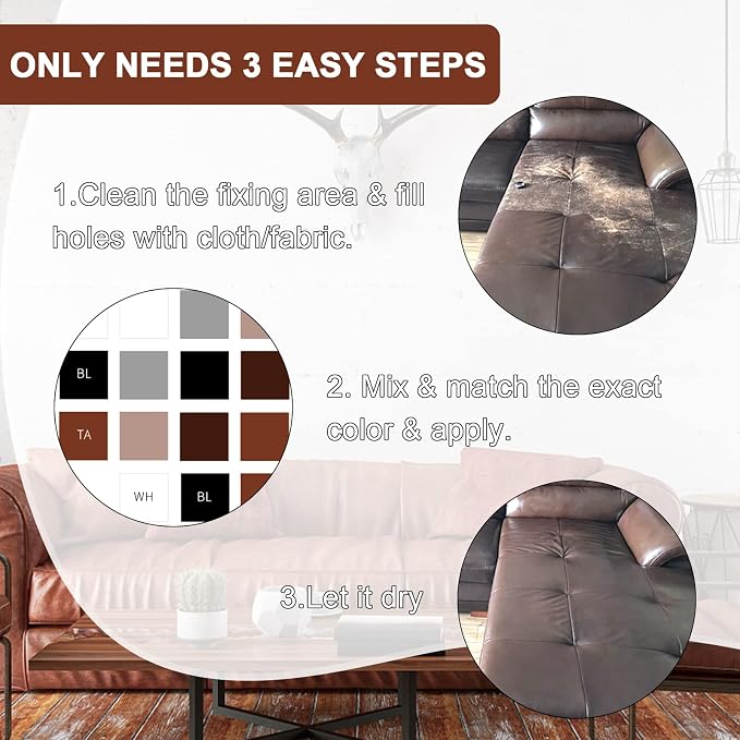 SEISSO Vinyl and Leather Repair Kit for Furniture, Sofa, Jacket, Couches, Car Seats and Purse. Easy Instructions to Match Any Color, Restore Any Material, Bonded, Italian, Pleather, Genuine