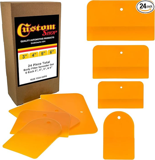 Custom Shop 4, 5, & 6 Inch Plastic Body Filler Spreader Tools (24 Pack) for Automotive Body Fillers, Putties, Glazes, Epoxy Resin, Caulk, Glues - Plastic Spreader Tool Variety Pack