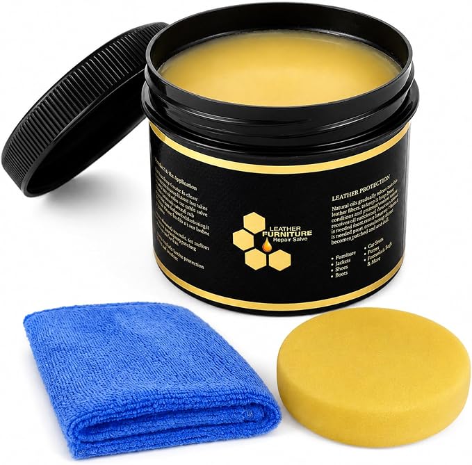 Leather Conditioner Furniture Repair Salve: with Sponge and Towel | Cleaner Restorer Protector Polisher for Couch Purses Shoe Jacket Work Boots Car Seat & Leather - Restores Shine, Softness