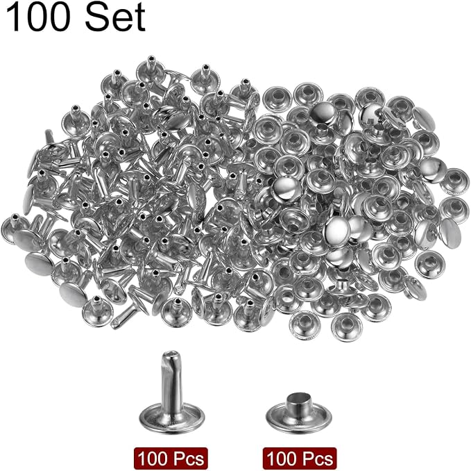 HARFINGTON 100 Sets Leather Rivets 10 x 9mm Metal Double Cap Rivet Snaps Studs Fasteners with 3pcs Setting Tools Rivets for Leather Craft DIY Repair Decoration, Silver Tone