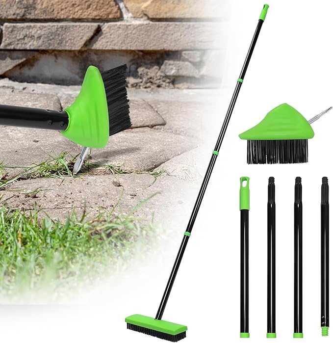 3 in 1 Weeding Wire Metal Brush Tools, Concrete Scrub Deck Brush with Long Handle for Moss, Tough Stains on Paving, Garden, Patio, Pool