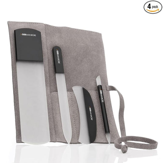 4pcs Manicure Set Genuine Czech Crystal Black Glass Nail File Moon File Manicure Stick Pedicure Foot Care Bar in Beige Suede by GERmanikure