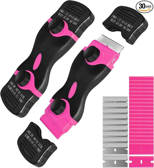 Razor Blade Scraper, Double Edge Razor Scraper Remover Tool with 30 Pcs Razor Blades for Labels Stickers Decals Removal Auto Window Tint Vinyl Tool Application (Pink)