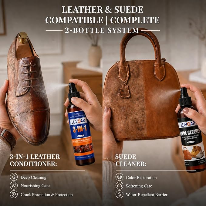 Leather Cleaner and Conditioner Kit - and More for Car Interiors, Apparel, Furniture, Boots & Accessories - with Microfiber Brush & Microfiber Cloth 2 Bottles (4 oz Each)