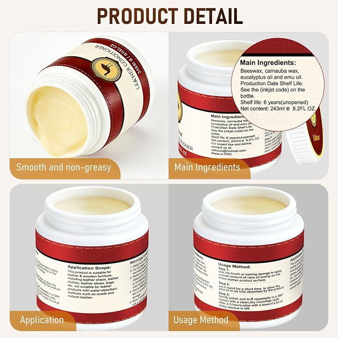 Furniture Salve for Leather (8.2oz), Polisher, Moisturizer and Restorer for Couches and Furniture - Conditioner for Leather, Wood, Bags, Car Seats, Jackets, Vinyl, Leather Repair Salve