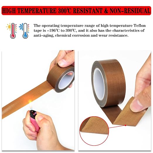 High-Temperature Teflon Fabric Tape, 1"×33 ft ,2"×33 ft PTFE Tape for Vacuum Sealer Machine, Hand Impulse Sealers Insulation PTFE Coated Fiberglass Adhesive Tape Waterproof, Heat Resistant, Durable