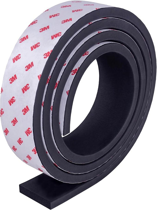 Neoprene Waterproof Rubber Foam 2" (w) x 3/8" (h) x 6 Feet Long Weather Stripping Door Seal Insulation Shock-Absorbing 3M Self-Adhesive Tape for Door Frames, Windows – Black, 1 Continuous Roll