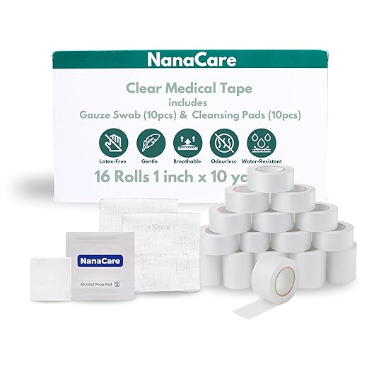 NanaCare Clear Medical Tape Waterproof, 16 Rolls- 1 inch x 10 yds + 10 pc Gauze Pads - Hypoallergenic Surgical Tape for Wound Care, Dressings & Face, First Aid Waterproof Bandage (16)