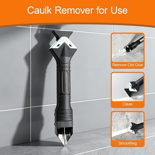 Caulk Gun Kit with Caulk Remover Tool – 3 in 1 Caulking Tool Set for Caulking Removal, Includes Smooth Silicone Caulking Gun, Scraper, Grout Balls, Finishing Tools for Bathroom Kitchen Window Tile