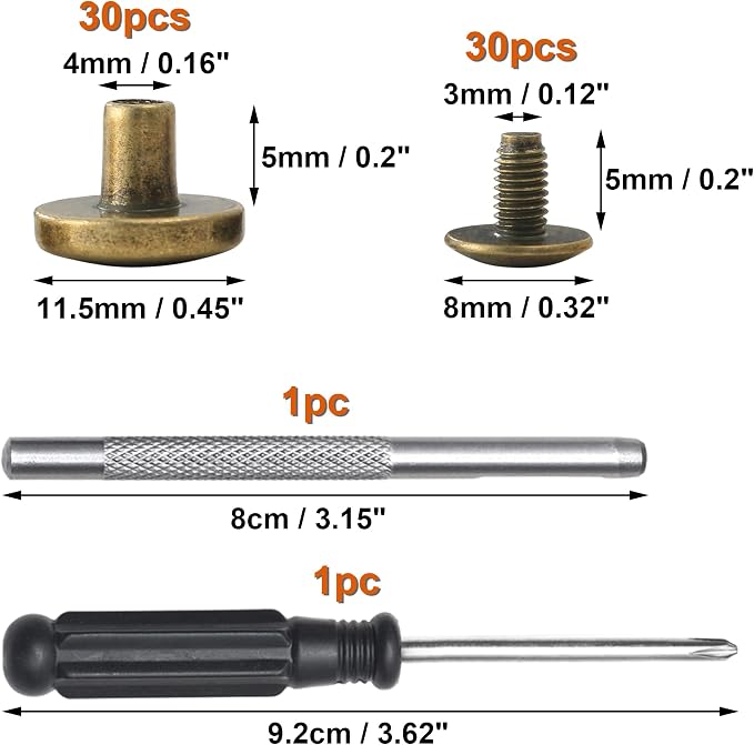YORANYO 30Sets Chicago Screws Leather Rivets Screw Rivets Metal Studs for Clothing Chicago Binding Screws Spike and Studs for Decorate Repair Shoes Belts Bags Purse Dog Collars Leather Craft (Bronze)