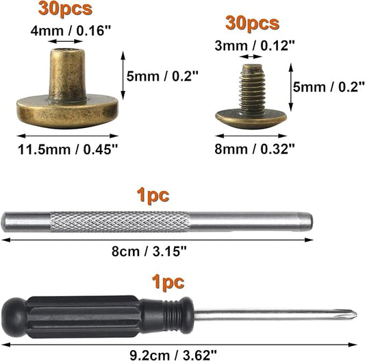 YORANYO 30Sets Chicago Screws Leather Rivets Screw Rivets Metal Studs for Clothing Chicago Binding Screws Spike and Studs for Decorate Repair Shoes Belts Bags Purse Dog Collars Leather Craft (Bronze)