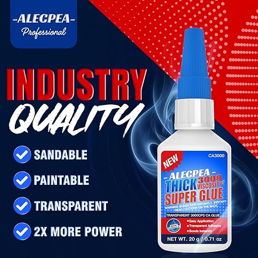 20g Thick CA Glue (3000 CPS), Instant Clear Cyanoacrylate Glue for Wood, Glass, Metal, Paper, Leather, Plastic, Ceramic, Rubber, Jewelry, Woodworking, Hobby Models, and Craft Project