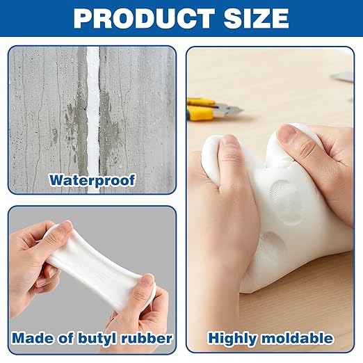 U0U Moldable Silicone Putty,Waterproof Multi Purpose Butyl Seal Putty Tape 66 x 0.6 Inches,Plumbers Duct Seal Putty for Sink Drain Gap Wall Repair (1, White)