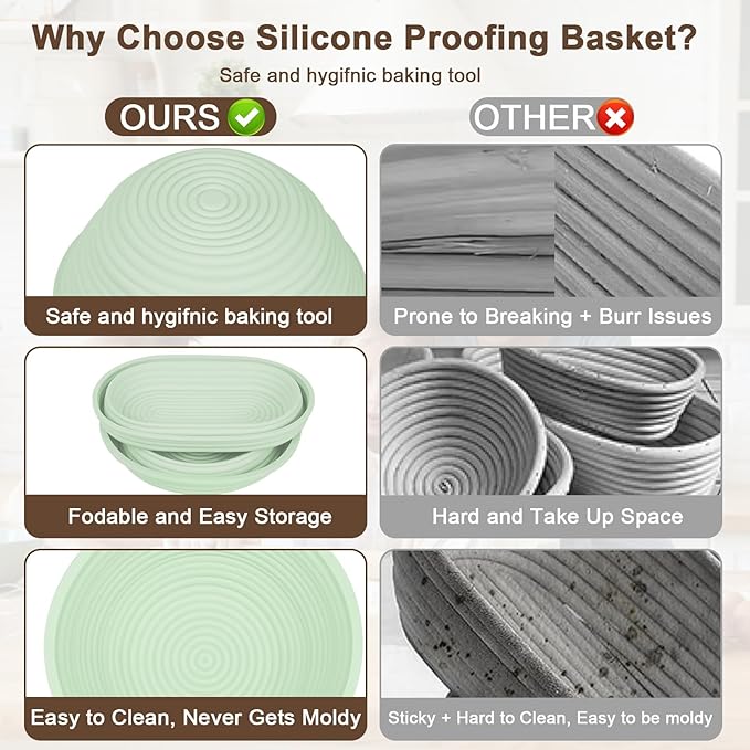2Pcs Upgraded Silicone Banneton Bread Proofing Baskets, JOCXSPI 10" Oval & 9" Round Foldable Sourdough Bread Dough Proofing Bowl, BPA Free, Non-Stick, Oven & Dishwasher Safe
