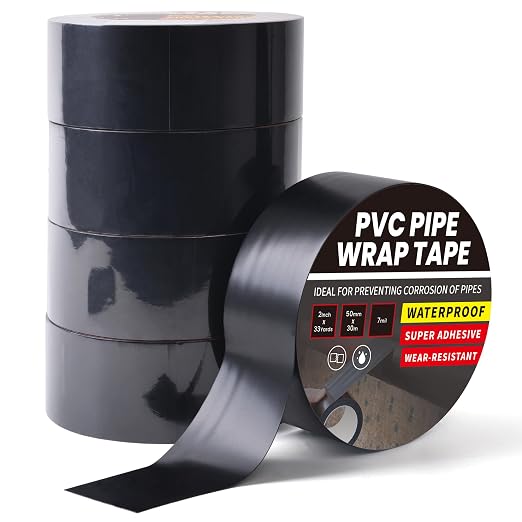 TAPEBEAR 5Rolls Corrosion Protection PVC Pipe Tape, 2Inch x 33Yard Black Duct Pipe Wrap Waterproof Corrugated Pipe Tape for Drain Tile, Metal Electrical Outdoor Underground Water Hose Pipe