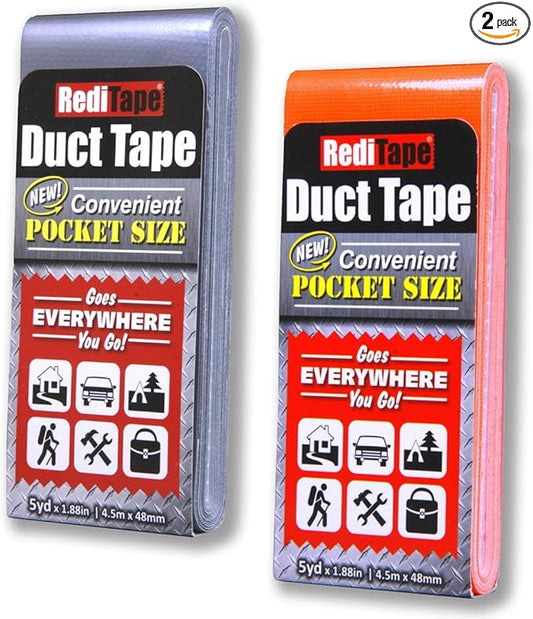 Travel Size Duct Tape Colors 2-Pack (Silver & Neon Orange) - Pocket Size Flat Mini Roll - for Repairs Outdoors Emergency Crafts - 1.88 inch x 5 Yards per Pack
