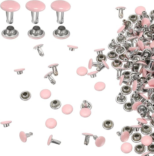 HARFINGTON 100 Sets Double Cap Leather Rivets, 6x6mm Round Cap Tubular Metal Studs Leather Crafting Rivets for Fabric Belt Pet Collar Boot Bag Repair and Decoration, Pink